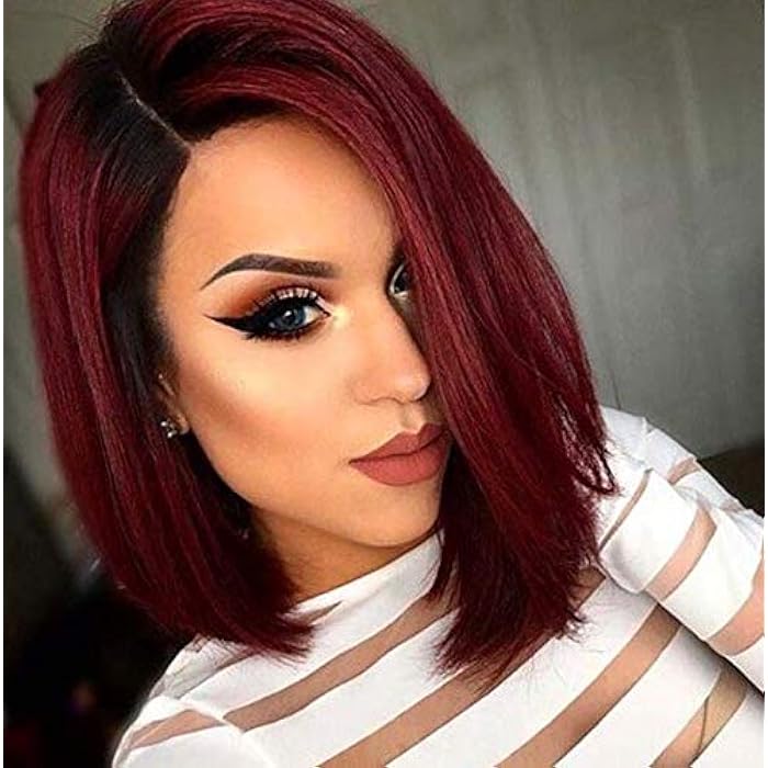 DILLARDS European And American Fashion Wig Black Ladies Bobo Black Gradient Wine Red Short Straight Hair - Image 1